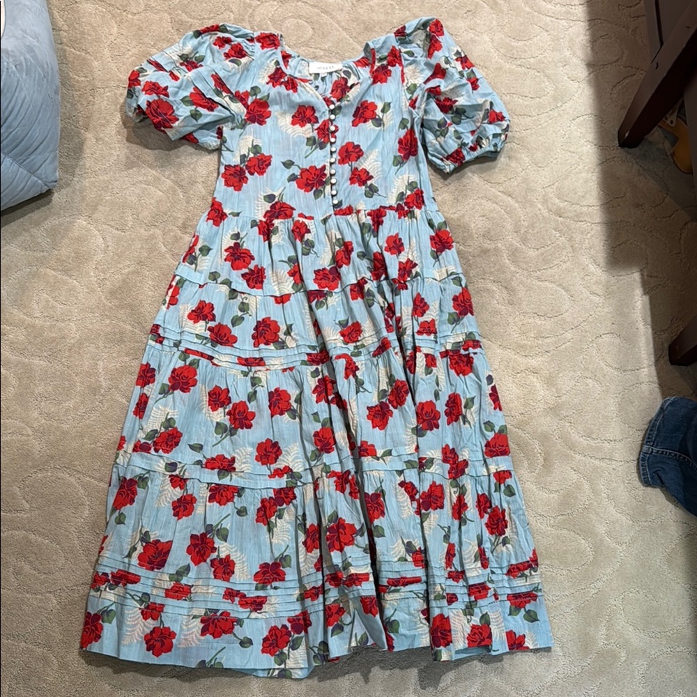 THE GREAT. Red and Blue Tiered Ruffled Maxi Dress